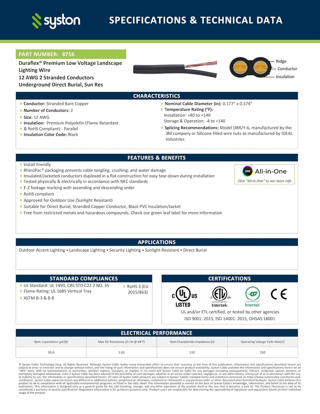 SYSTON 12/2 Low Voltage Landscape Lighting Direct Burial Stranded Wire Cable, 12 Gauge 2 Copper Conductors for Outdoor Spotlight Pathway Lighting and More Low Voltage Applications Use - 400 FT