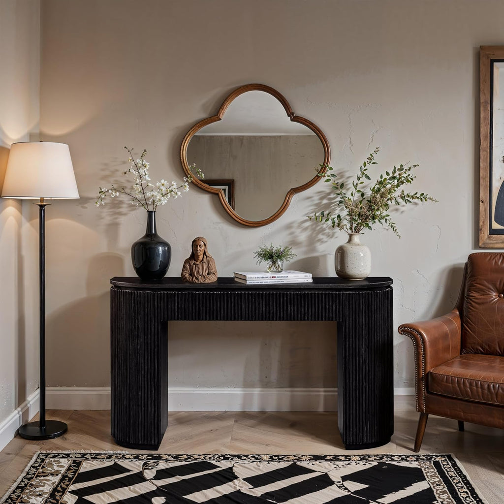 Meridian Furniture 818Black-T Astrid Collection Modern | Contemporary Vanity/Desk/Console Table with Rich Black Finish, Solid Wood and Oak Veneer, Fluted Wood, 52' W x 14' D x 30' H, Black