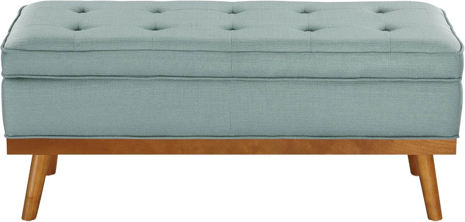 OSP Home Furnishings Katheryn Mid-Century Modern Storage Bench with Tufted Seat and Wood Legs, Sea Blue Fabric