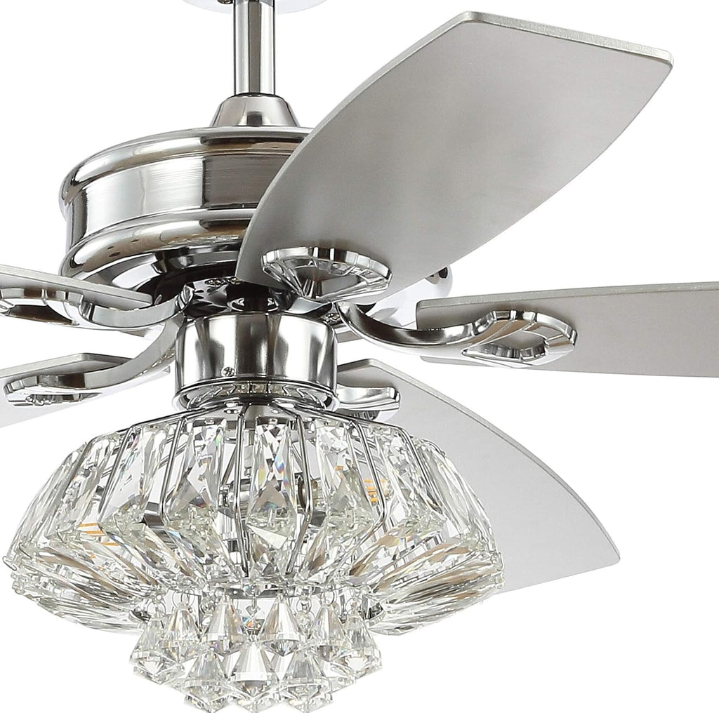 JONATHAN Y 48' Chrome 3-Light Iron and Crystal Ceiling Fan, Glam Drum Chandelier with Remote Control, 5 Reversible Silver/White Maple Blades, ETL Listed, LED Bulbs Included JYL9608A