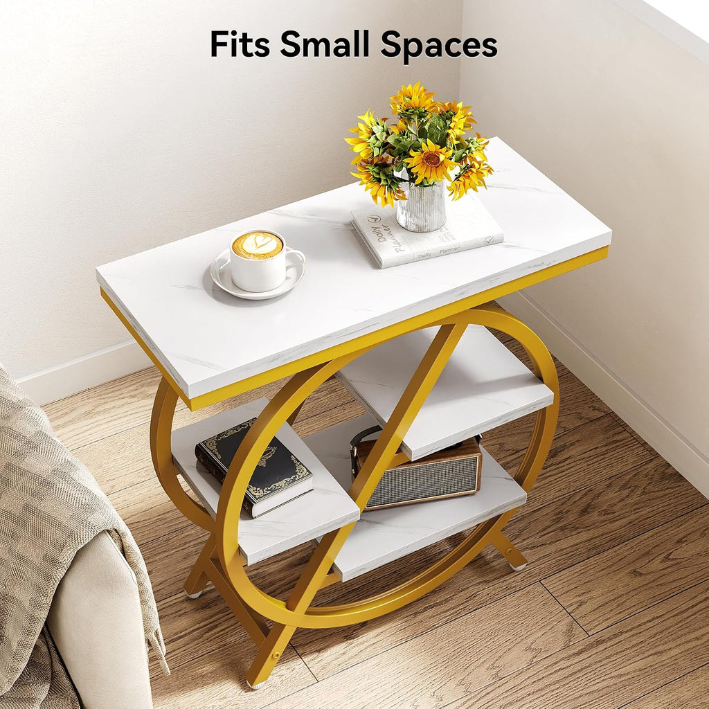 LITTLE TREE End Table Set of 2, 4-Tier Narrow Faux Marble Side Table with Large Storage Space, Modern Nightatsnd and Bedside Table for Living Room, Home Office, Bedroom, White and Gold