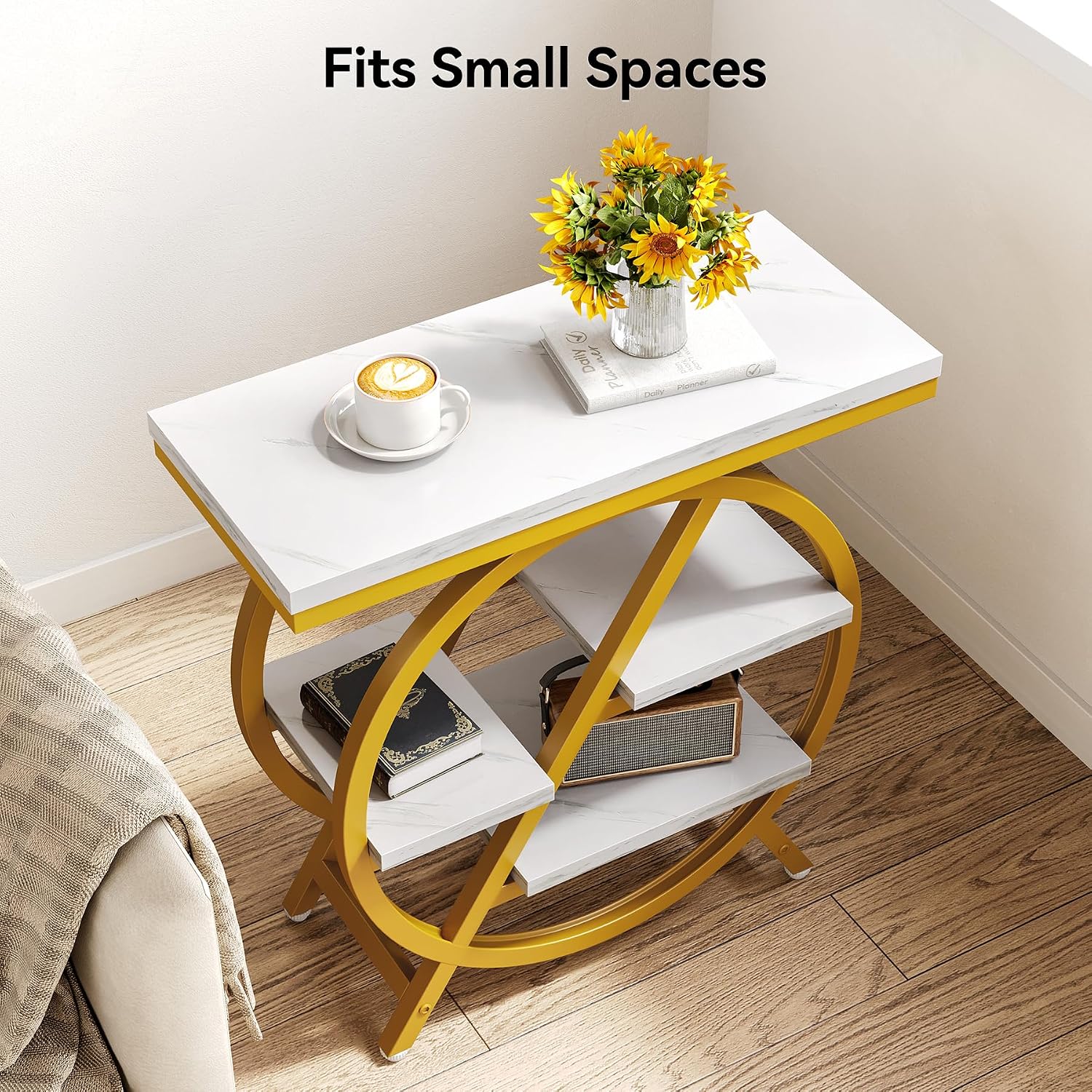 LITTLE TREE End Table Set of 2, 4-Tier Narrow Faux Marble Side Table with Large Storage Space, Modern Nightatsnd and Bedside Table for Living Room, Home Office, Bedroom, White and Gold