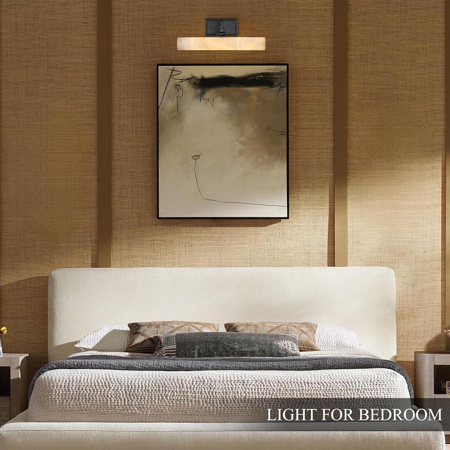 Alabaster Picture Light Hardwired, 12' Matte Black Art Light for Wall & Paintings, Real Spanish Marble Picture Frame Light, Dimmable LED Gallery Lighting, Bathroom Vanity Light Accent for Mirror Use