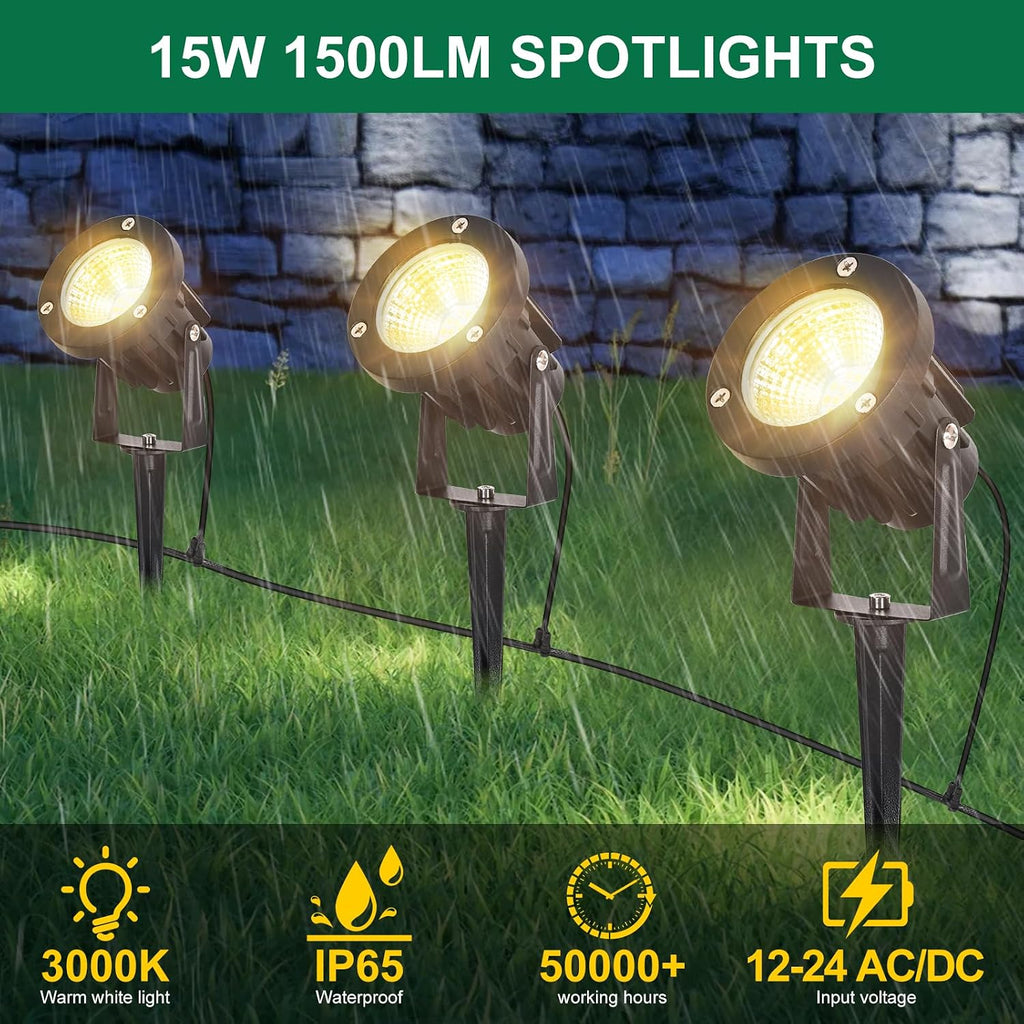 15W Low Voltage Landscape Lights LED Landscape Lighting with Connectors and Spike Stand, 12V 24V Outdoor Spotlights Yard Garden Pathway Lights, 1500LM Waterproof Warm White Light (16Pack)
