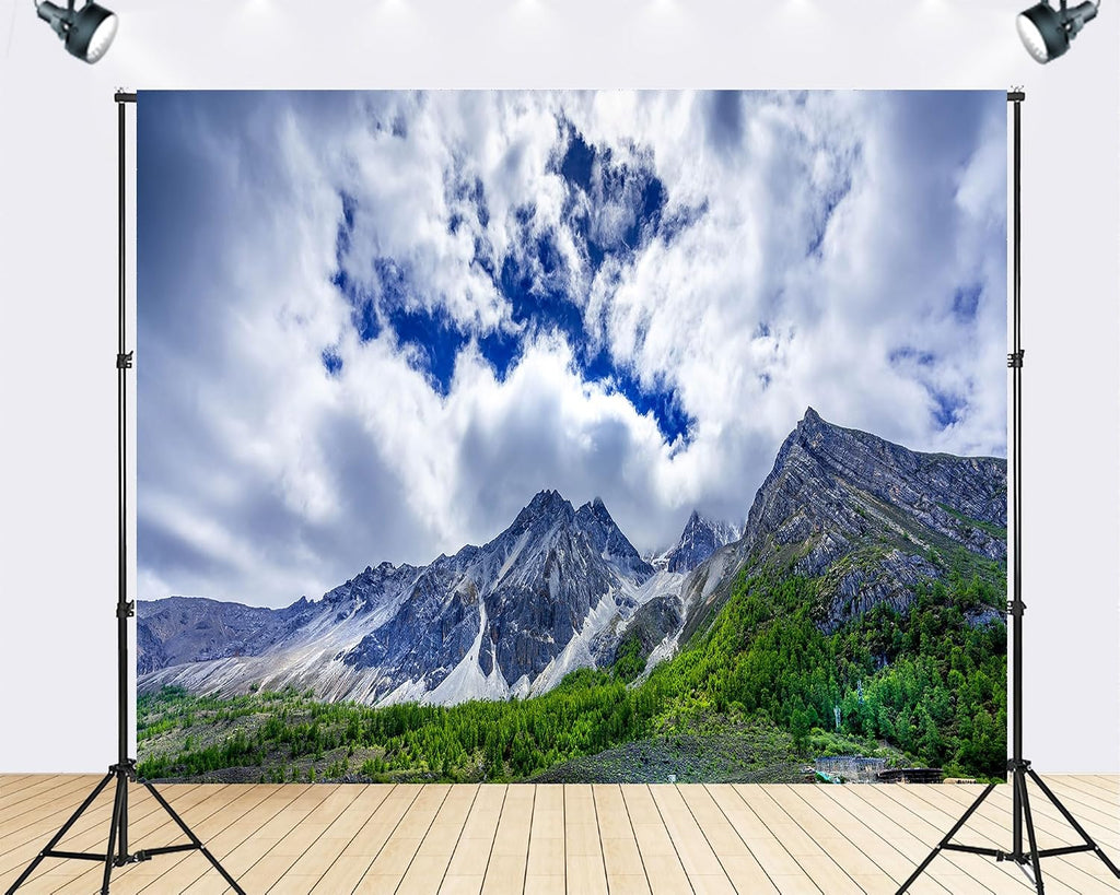 Trykid 20x10ft Snow Capped Mountain Range Backdrop Rocky Peaks Clear Blue Sky Wispy Clouds Scenic Photography Background Hiking Adventure Party Decoration Photo Booth Prop Fabric