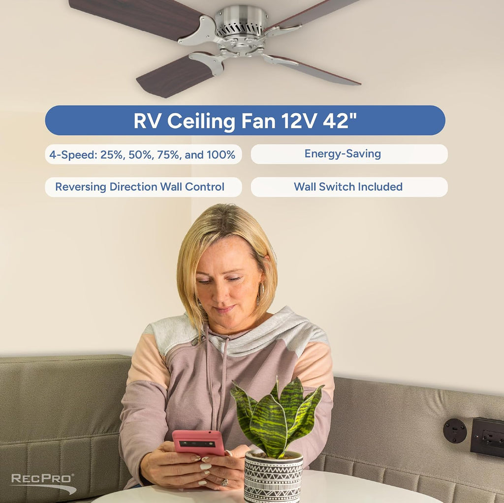 RecPro RV 12V Ceiling Fan | 4-Blade | 4-Speed | Near Silent Operation | Reversing Direction Wall Control (Brushed Nickel: Cherry Blades, 42')