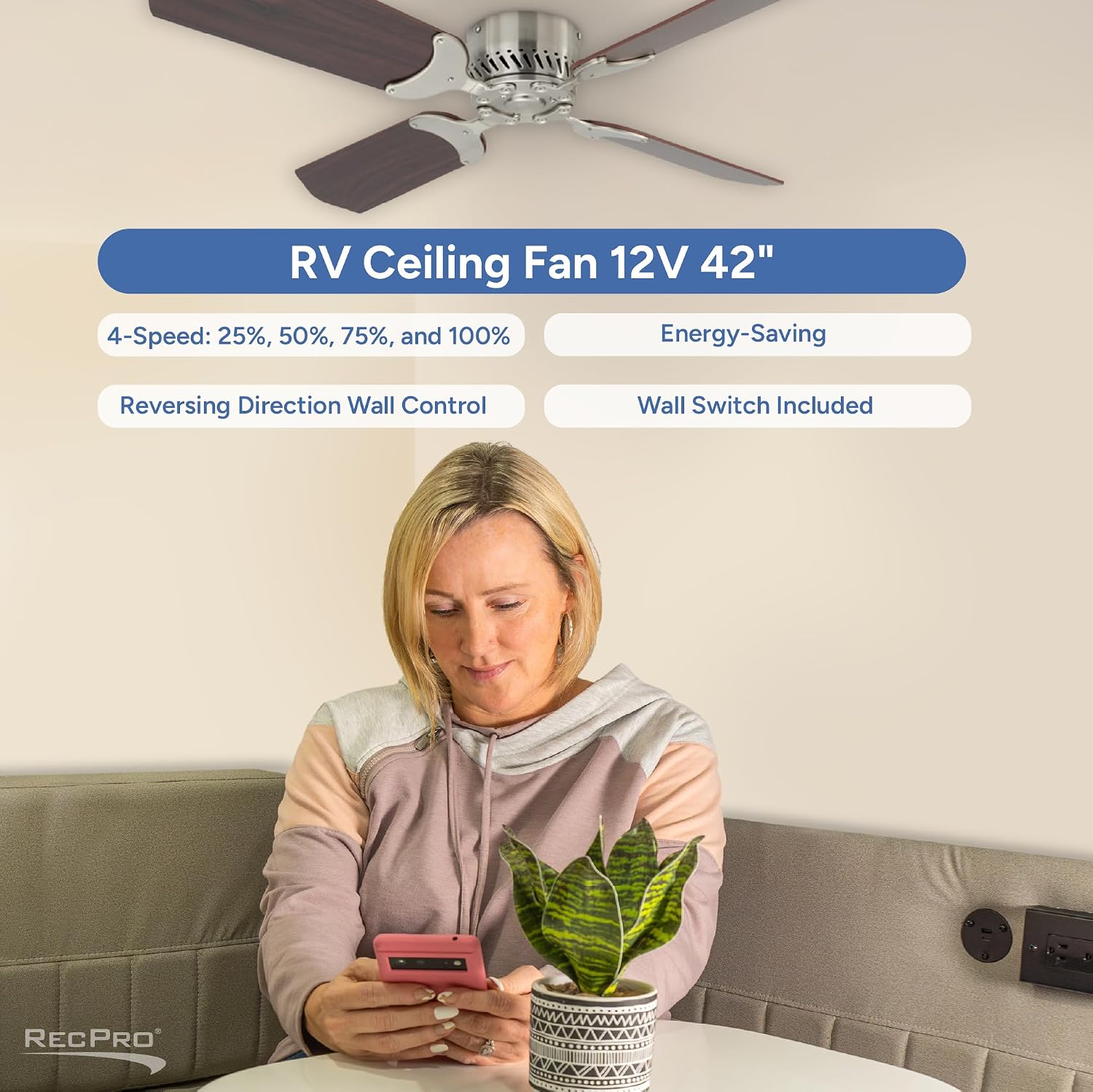 RecPro RV 12V Ceiling Fan | 4-Blade | 4-Speed | Near Silent Operation | Reversing Direction Wall Control (Brushed Nickel: Cherry Blades, 42')