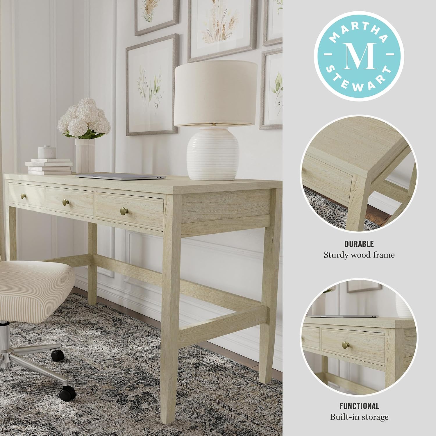 Martha Stewart Rhett Home Office Desk with 3 Drawers and Tapered Legs in Black with Oil Rubbed Bronze Hardware