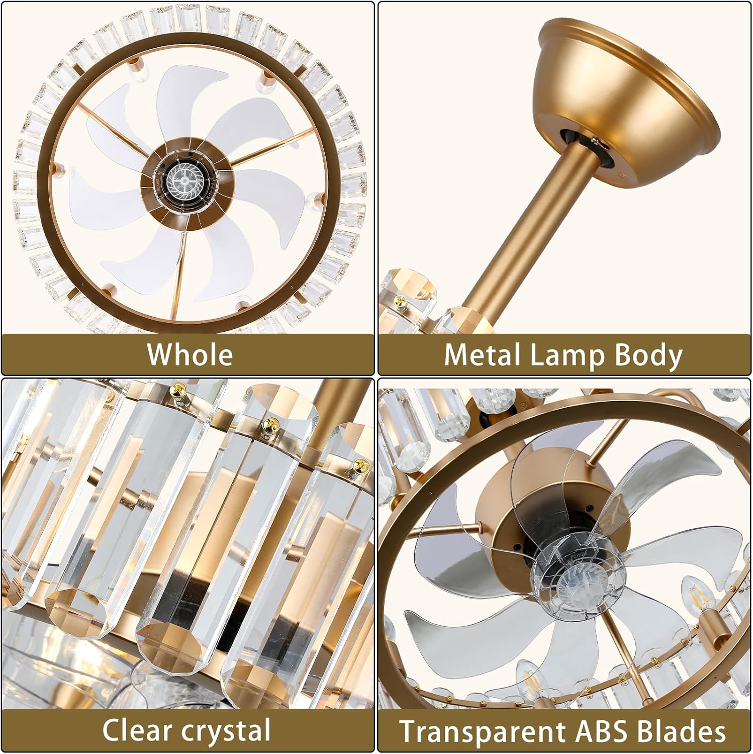 FRIXCHUR Gold Crystal Fandelier Ceiling Fan with Lights Remote 20.7 Inch Modern Chandelier Fan 6 Speeds Timer Reversible Flush Mount for Dining Bedroom Living Room Kitchen, 6 x E12 Bulbs Not Included