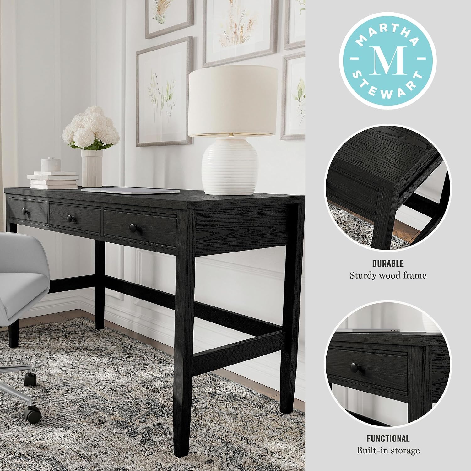 Martha Stewart Rhett Home Office Desk with 3 Drawers and Tapered Legs in Black with Oil Rubbed Bronze Hardware