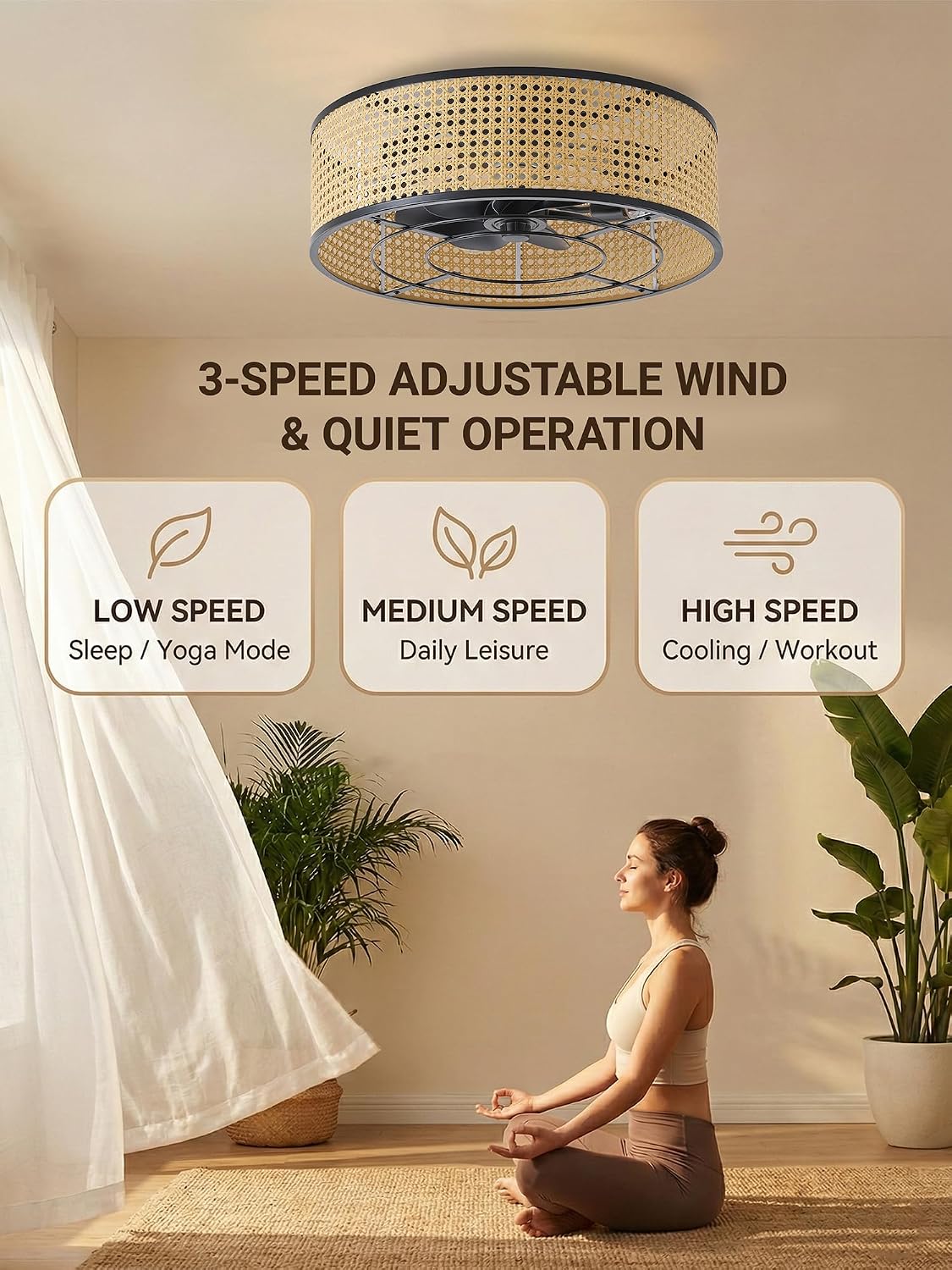 Boho Caged Ceiling Fan with Light, 20' Rattan Flush Mount Ceiling Fans with Lights Remote Contro, Bladeless Enclosed Fandelier Fan Safe for Bedroom, Living room, Nursery