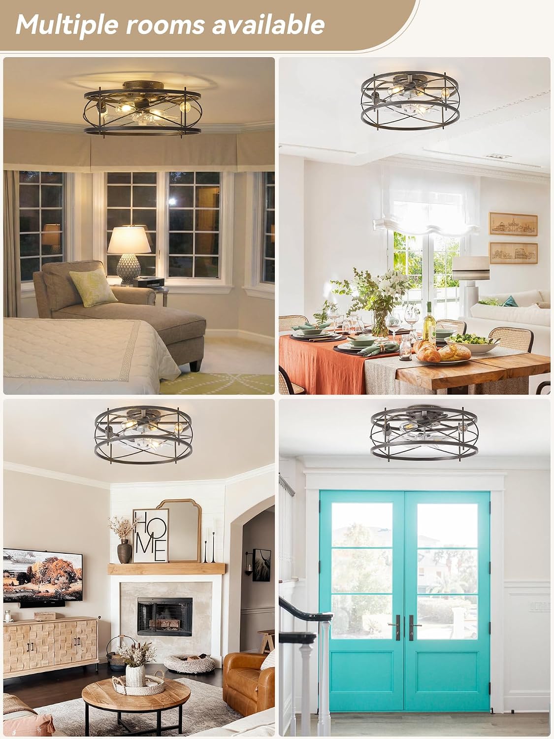 20' Rustic Ceiling Fan with Light Flush Mount, Farmhouse Caged Ceiling Fans with Lights and Remote, Bladeless Low Profile Ceiling Fan with 6 Speeds for Bedroom, Living Room, Nursery