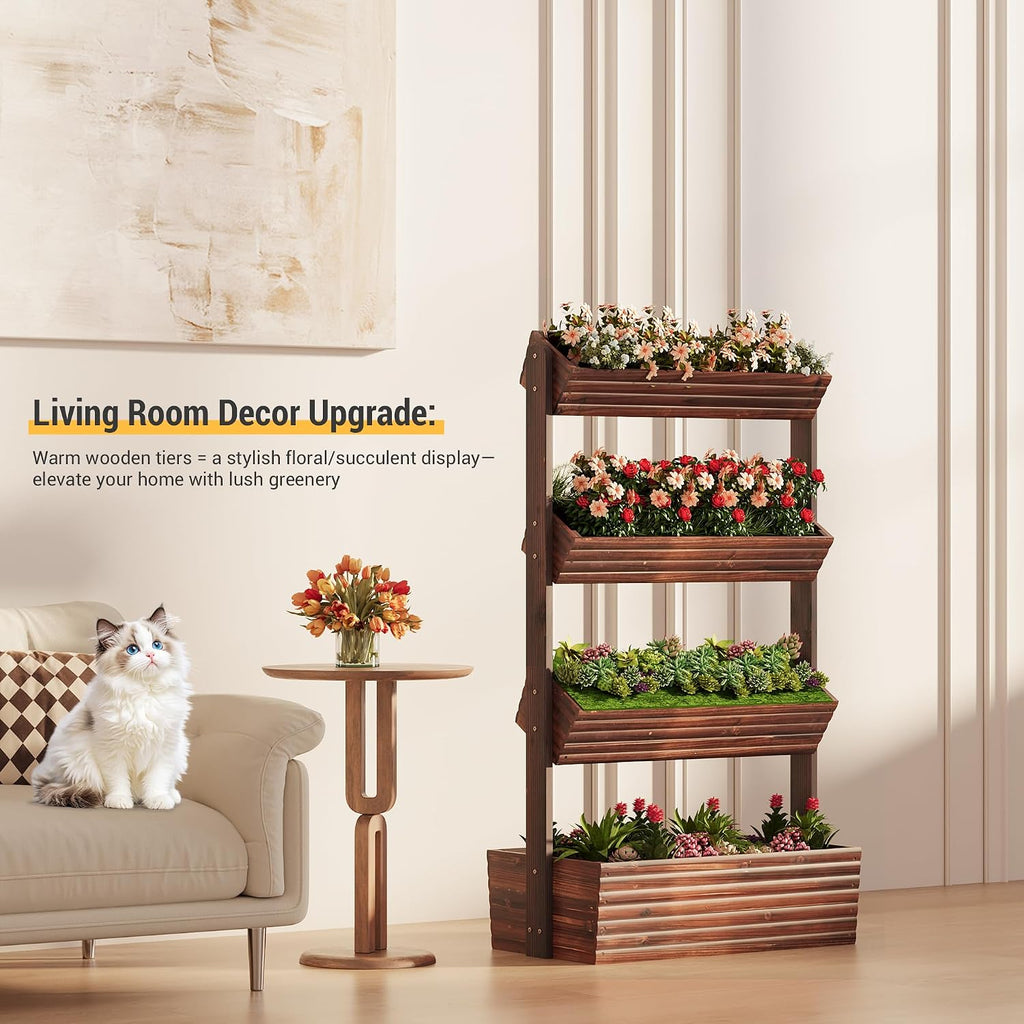 Garden Bed Vertical Wooden Raised Garden Bed Planters Wood Planter Kit Plant Stand Flower Rack Planter Box Gardening Plants Herbs Flowers Vegetables Outdoor Indoor Freestanding (Carbonized 4-Tier)