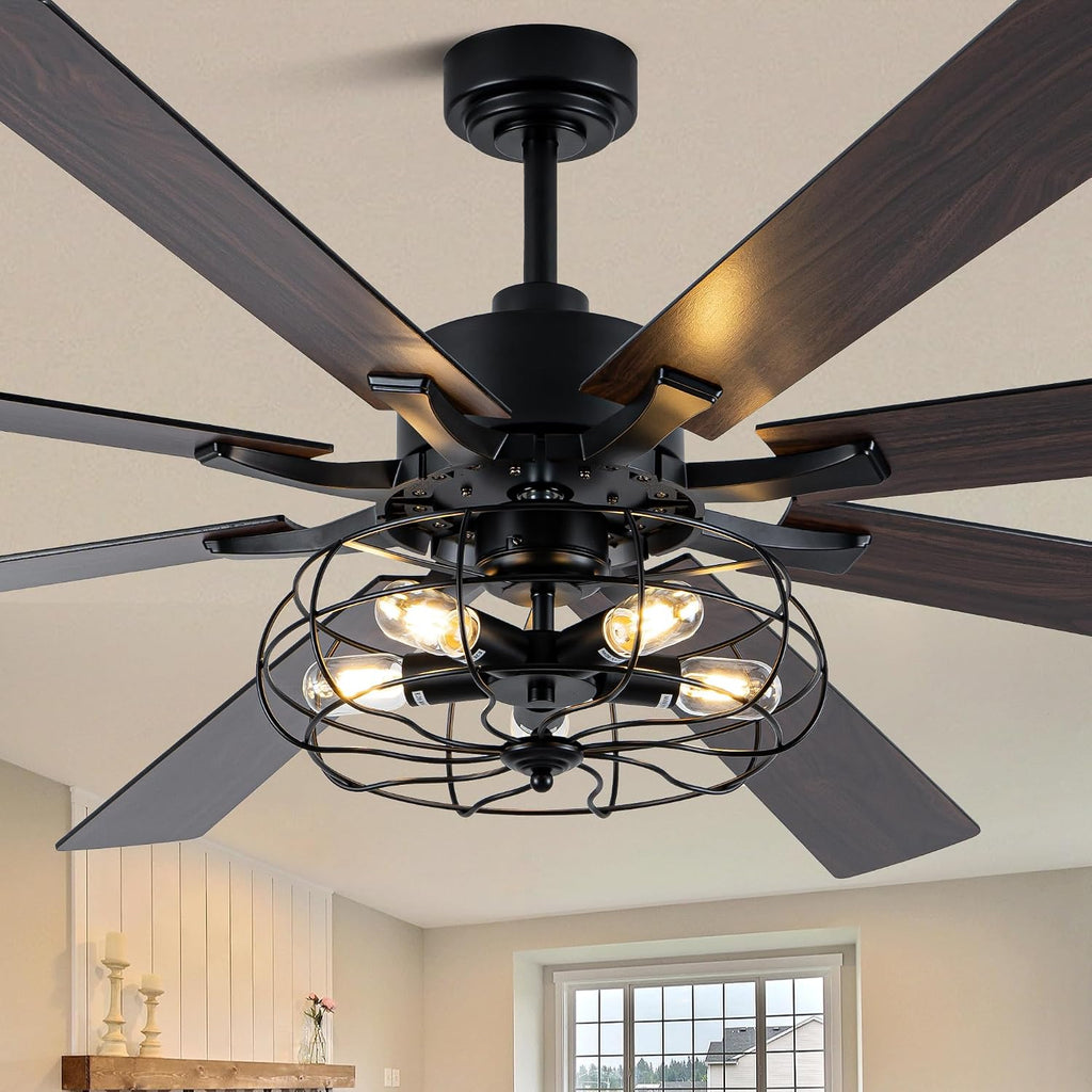 72 Inch Farmhouse Ceiling Fan with Lights and Remote Industrial Caged Ceiling Fan Large Rustic Fandelier Chandelier Light for Indoor Outdoor, 5 E26 Bulbs (Not Included), Reversible 6 Speeds