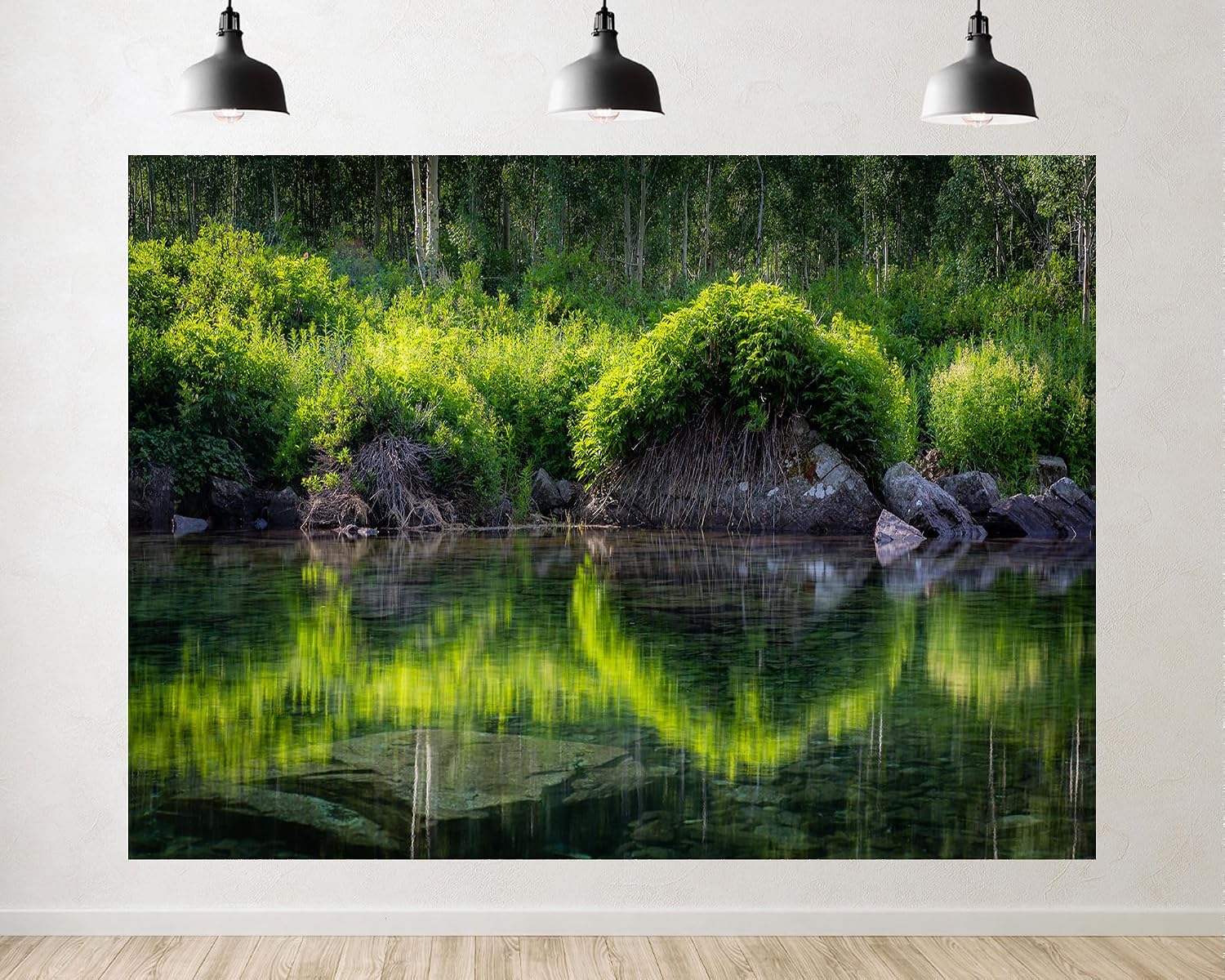 Trykid 20x10ft Lush Green Forest Stream Backdrop with Clear Reflections and Rocky Banks Photography Background Natural Home Decor Wilderness Party Decoration Photo Booth Prop Fabric