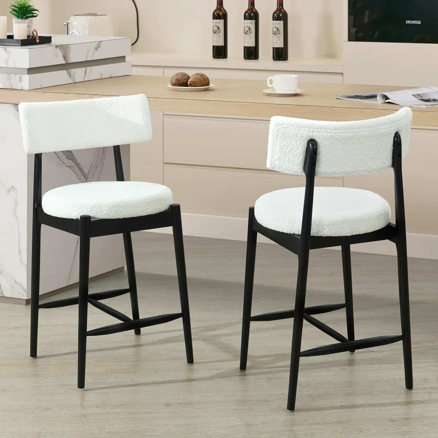 Christopher Knight Home Ebany 25.50' H Barstools Set of 2, Upholstered Counter Stool, Comfy Backrest Kitchen Stool, Rubberwood Frame Stool Chair, Bistro Chair for Kitchen Dining Room, Beige+Black