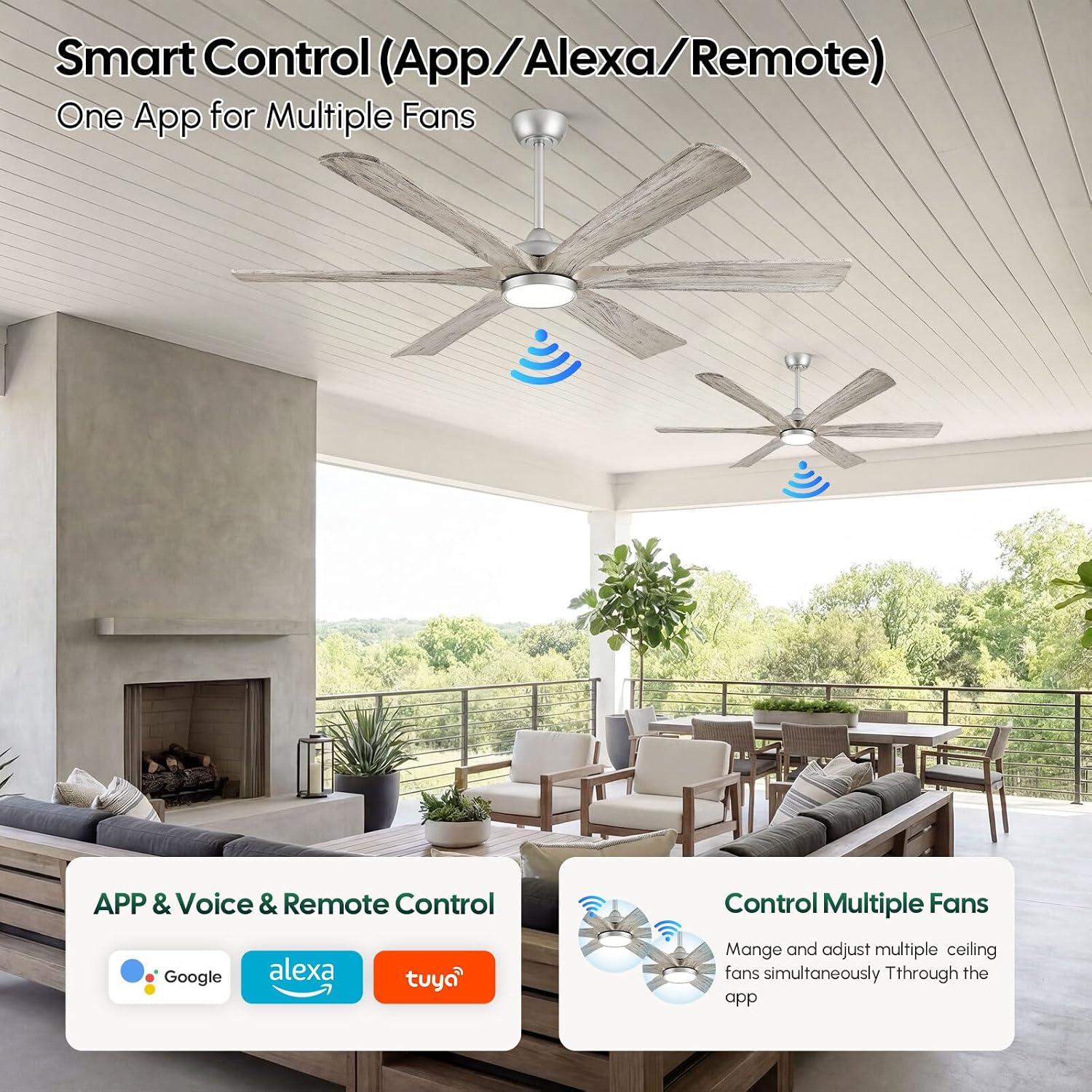 72 Inch Smart Ceiling Fan with Light, Remote/Alexa/APP Control, Rustic 6 Solid Wood Blades, ETL Listed Quiet DC Motor, 9268 CFM Large Airflow, for Indoor High Ceiling, Outdoor Covered Patio