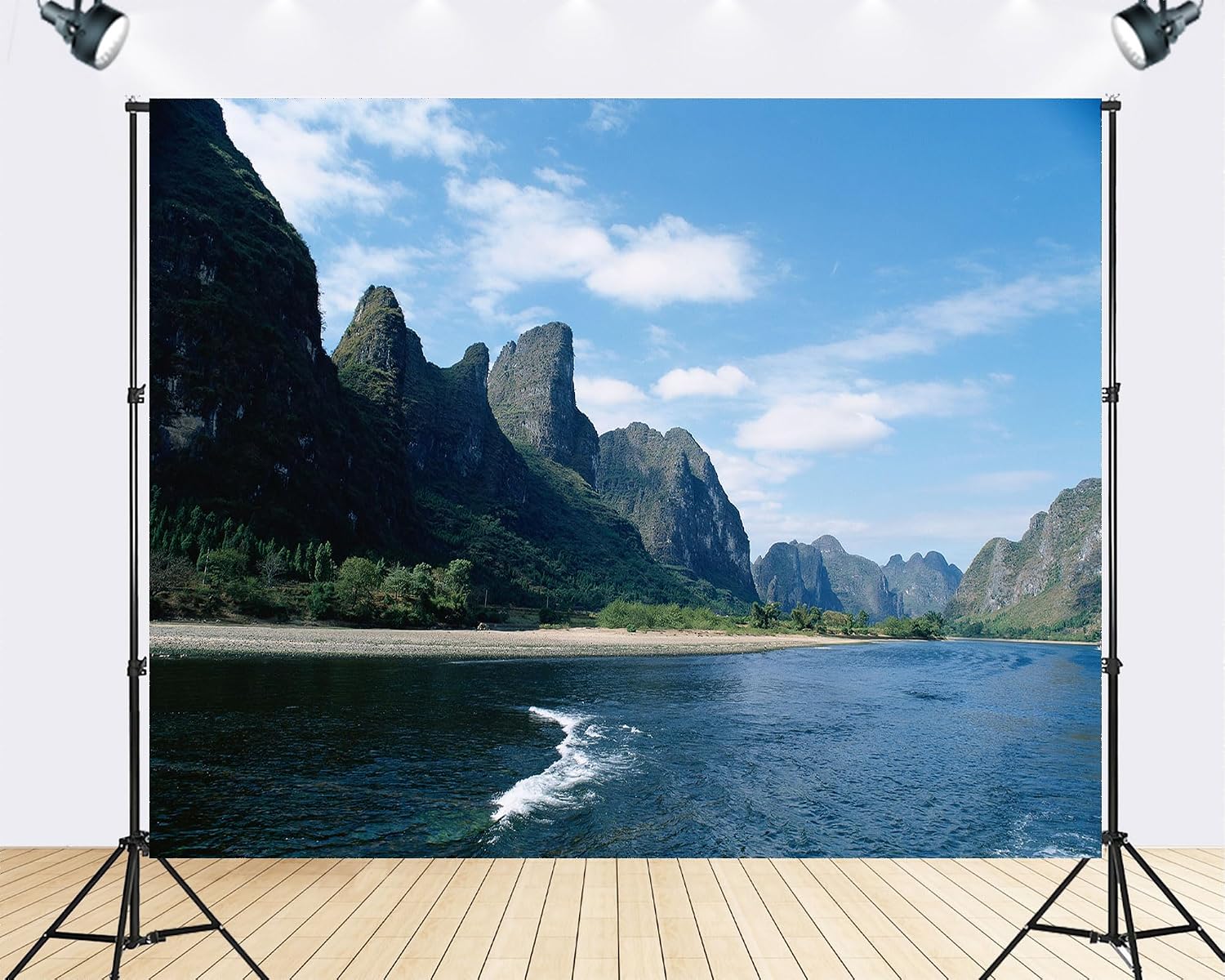 Trykid 20x10ft Karst Peaks River Backdrop Lush Green Mountains Clear Blue Water Bright Sky Scenic Landscape Photography Background for Travel Themed Party Decoration Photo Booth Prop Fabric