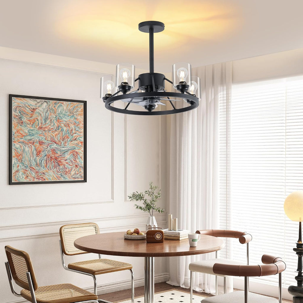 Miuyhji 24' Ceiling Fans with Lights Wagon Wheel Chandelier, Farmhouse Fandelier Black Fans with Glass Lampshade Light Fixture, 6 Speed, Timing, Adjustable Height for Dining Room Living Room