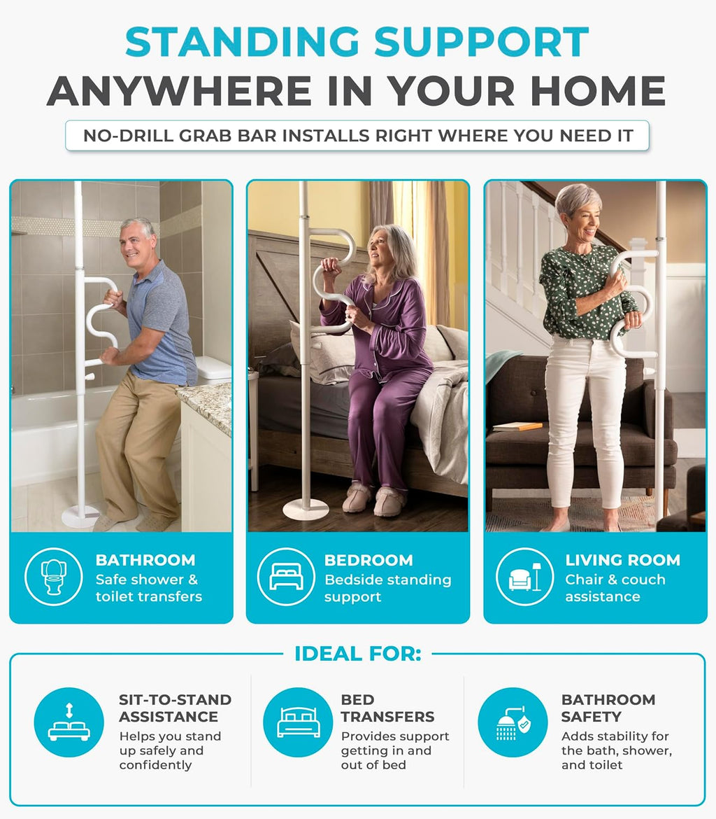 Stander Wonder Pole HD, Heavy Duty Security Pole and Curve Grab Bar, Tension Mounted Floor to Ceiling Transfer Pole for Seniors & Elderly Adults, Bariatric Bath Safety Assist Rail, Supports 400 lbs