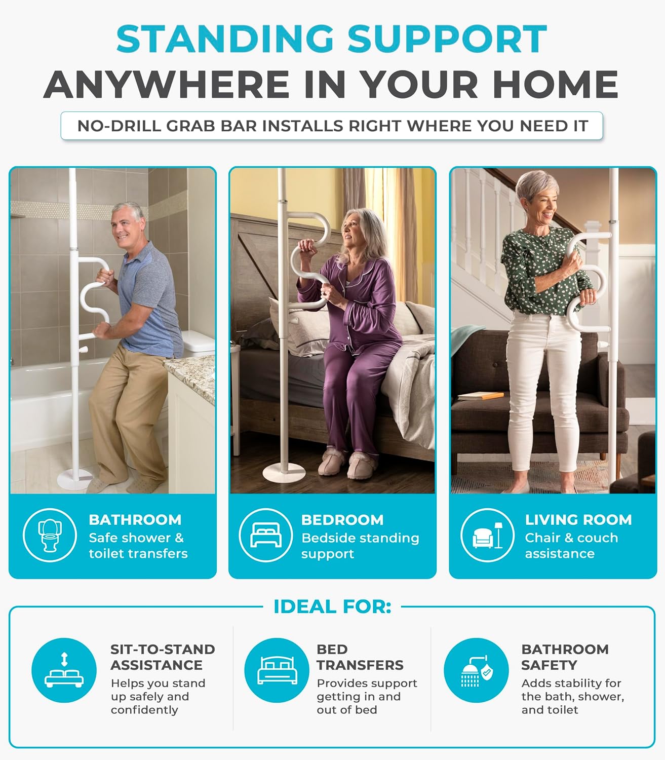 Stander Wonder Pole HD, Heavy Duty Security Pole and Curve Grab Bar, Tension Mounted Floor to Ceiling Transfer Pole for Seniors & Elderly Adults, Bariatric Bath Safety Assist Rail, Supports 400 lbs