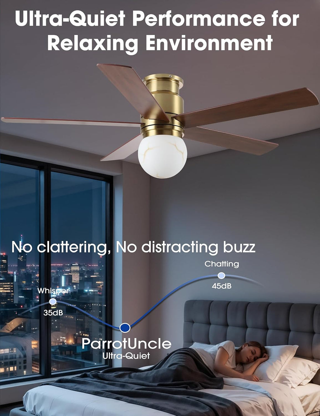 Gold Ceiling Fans with Lights and Remote, 52 Inch Low Profile Ceiling Fan with Light for Bedroom, Flush Mount Ceiling Fan for Living Room Indoor Outdoor, 6-Speed Reversible DC Motor, Dimmable LED 3CCT