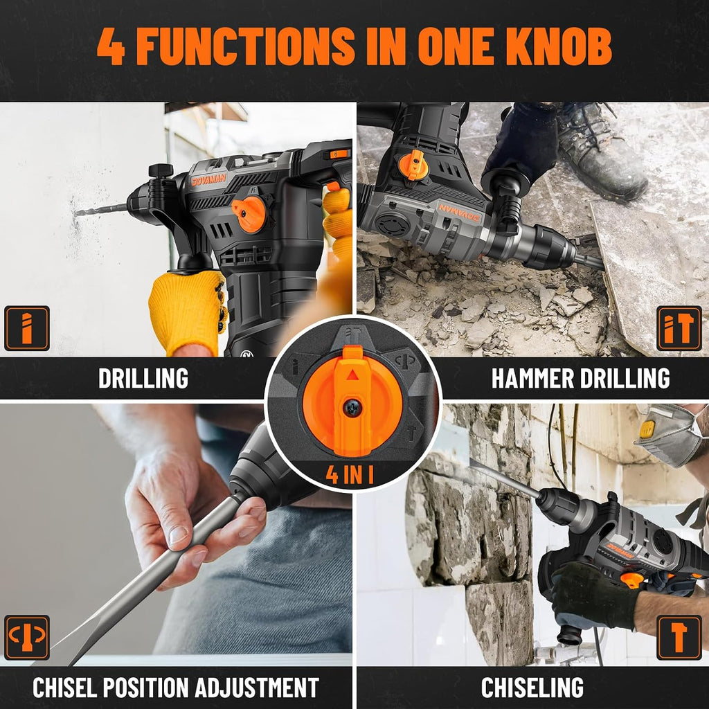 1-9/16'' SDS Rotary Hammer Drill, 12.5Amp Heavy Duty Rotary Hammer with 4 Functions, Safety Clutch, Vibration Control, Corded Hammer Drill for Concrete, Drill Bits and Chisels Included