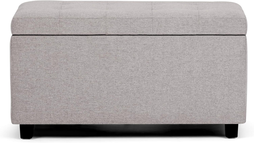 SIMPLIHOME Cosmopolitan Storage Ottoman - 34 inch Wide Upholstered Linen Look Fabric Rectangle Storage Ottoman Bench in Cloud Grey, Transitional Tufted Ottoman for Living Room with Lift-Up Lid