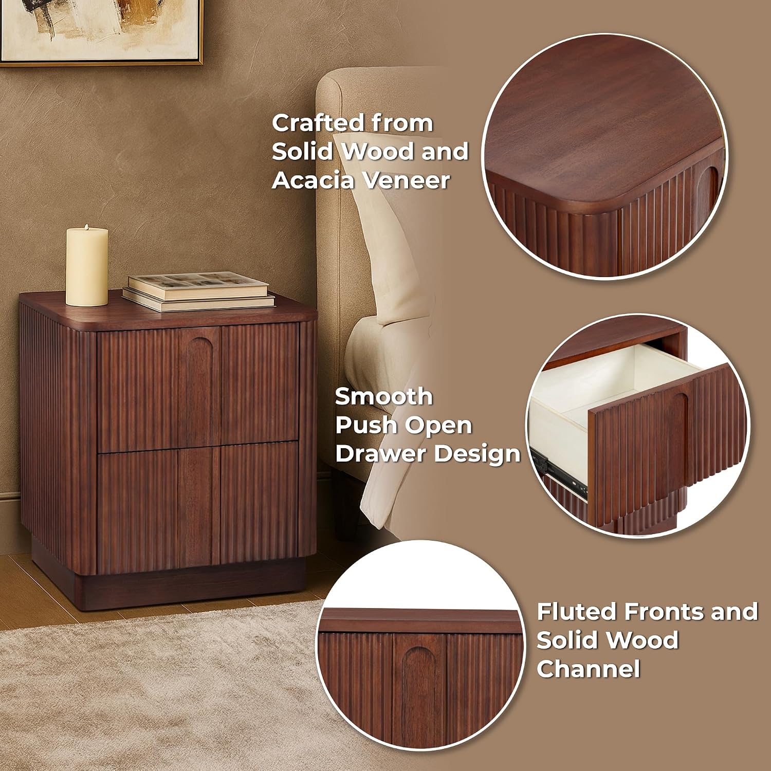 Teamson Home 20'' W Modern Storage 2-Drawer Push to Open Nightstand with Solid Wood Frame, Bedside Table Bedroom Furniture with Reeding Pattern in Scandinavian Style, Walnut