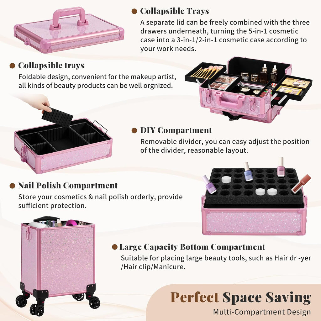AROUS Rolling Makeup Train Case Large Storage Cosmetic Trolley 5 in 1 Large Capacity Trolley Makeup Travel Case with Key Swivel Wheels Salon Barber Case Traveling Cart Trunk, Pink