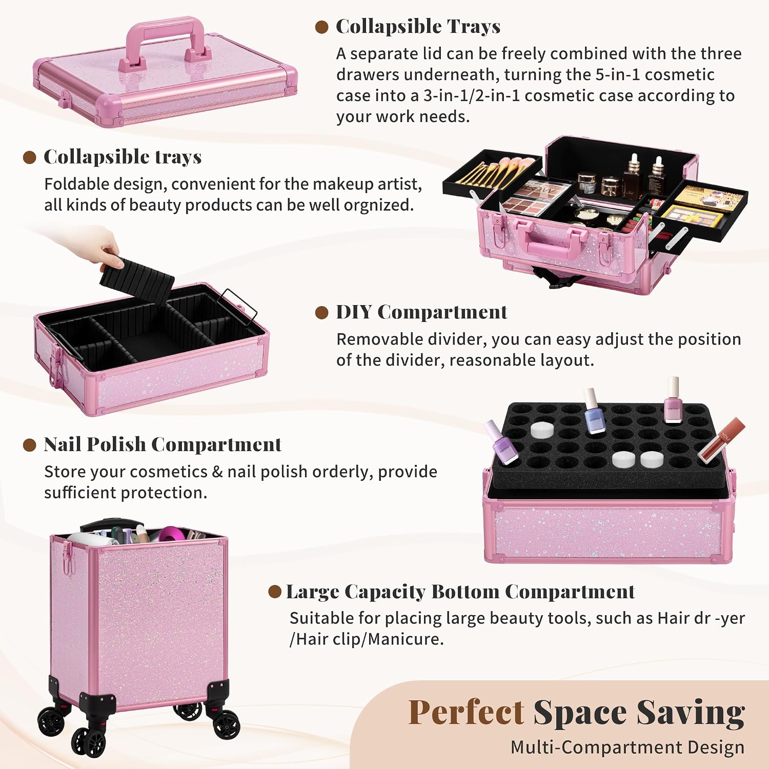 AROUS Rolling Makeup Train Case Large Storage Cosmetic Trolley 5 in 1 Large Capacity Trolley Makeup Travel Case with Key Swivel Wheels Salon Barber Case Traveling Cart Trunk, Pink