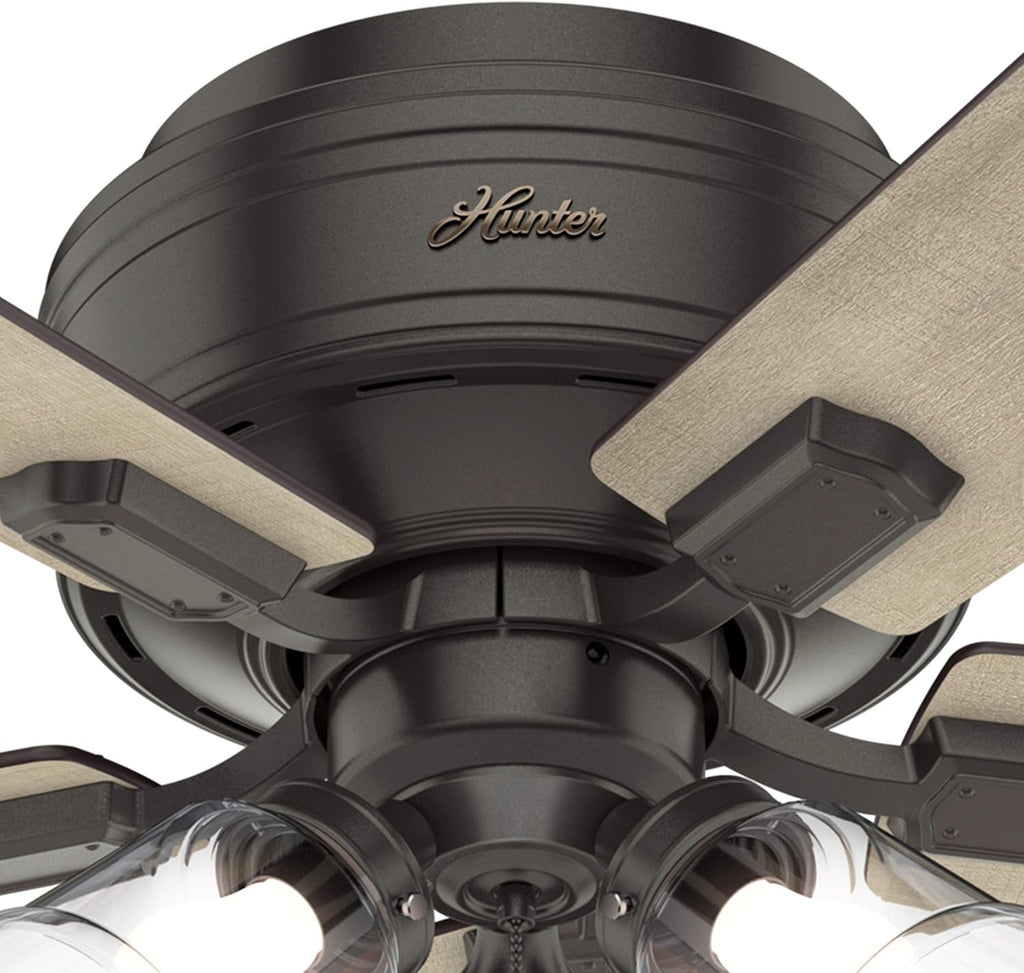 Hunter Fan 42 inch Noble Bronze Low Profile Indoor Ceiling fan with Clear Rippled Glass Light Kit and LED Bulbs (Renewed)