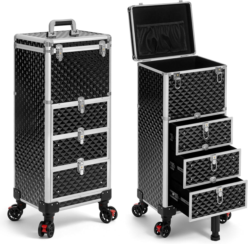 Rolling Makeup Train Case with 3 Drawers, Nail Trolley Cart Salon Station Cosmetology Case on Wheels Organizer Cases for Nail Tech,SPA,Face Painting,Hairstylist,Makeup Artist (Silver & Black)