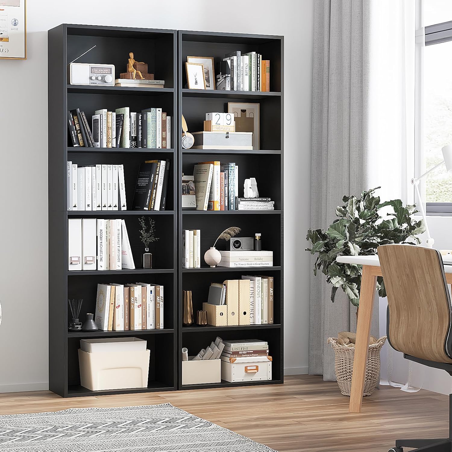 71.5' Tall Bookshelves and Bookcases Set of 2, 6 Tier Display Storage Shelves Home Decor Furniture for Home Office, Living Room, Bed Room (Black, 21.9' Wide)