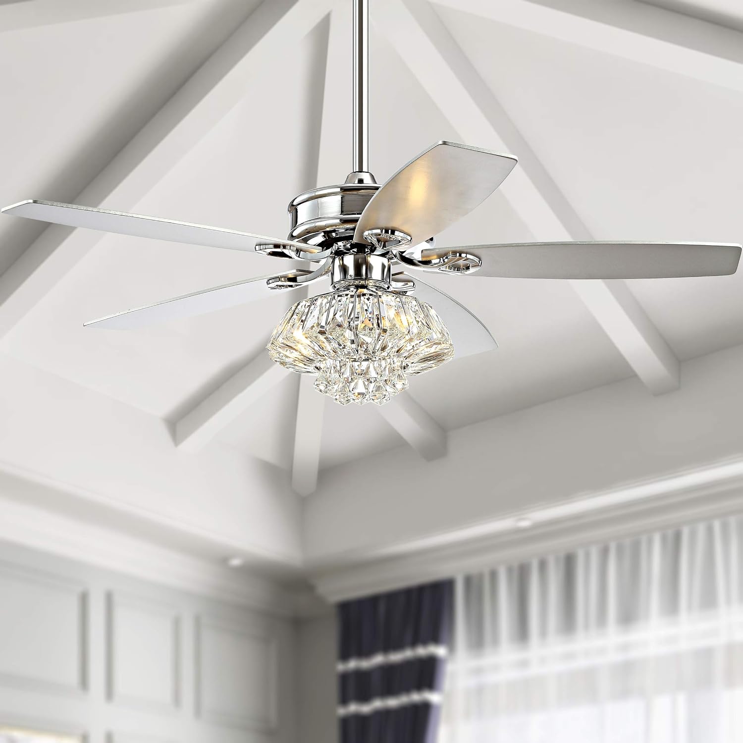JONATHAN Y 48' Chrome 3-Light Iron and Crystal Ceiling Fan, Glam Drum Chandelier with Remote Control, 5 Reversible Silver/White Maple Blades, ETL Listed, LED Bulbs Included JYL9608A