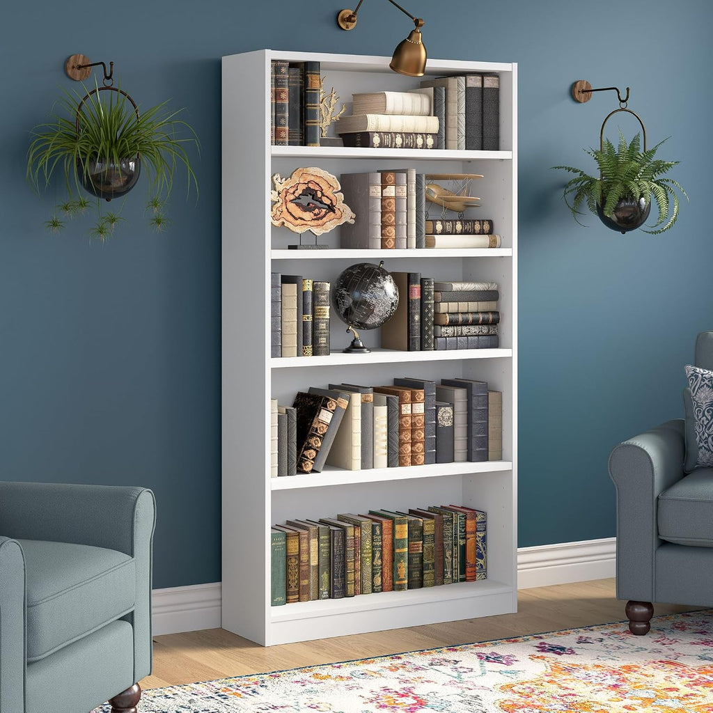 Bush Home Tall 5 Shelf Bookcase, 5 Tier Bookshelf Storage Cabinet with Adjustable Shelves for Living Room, Bedroom or Home Office, Universal Collection, White