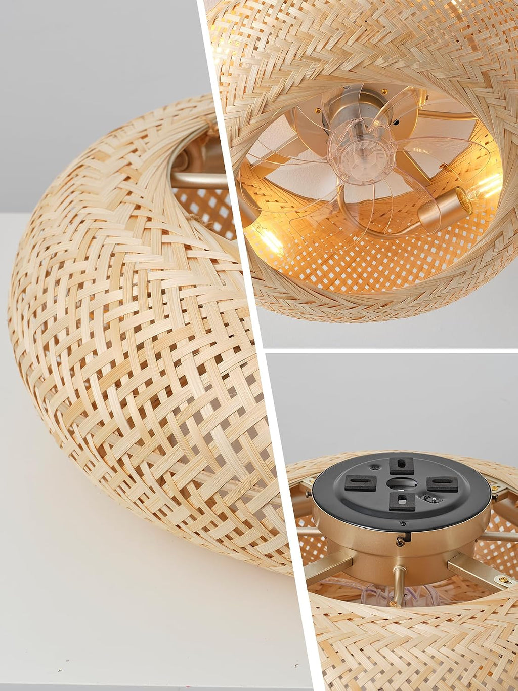20in Boho Ceiling Fans with Lights,Rattan Caged Low Profile Ceiling Fan with Light,6 Speeds Timer Reversible DC Motor for Living Room Bedroom Dining Room