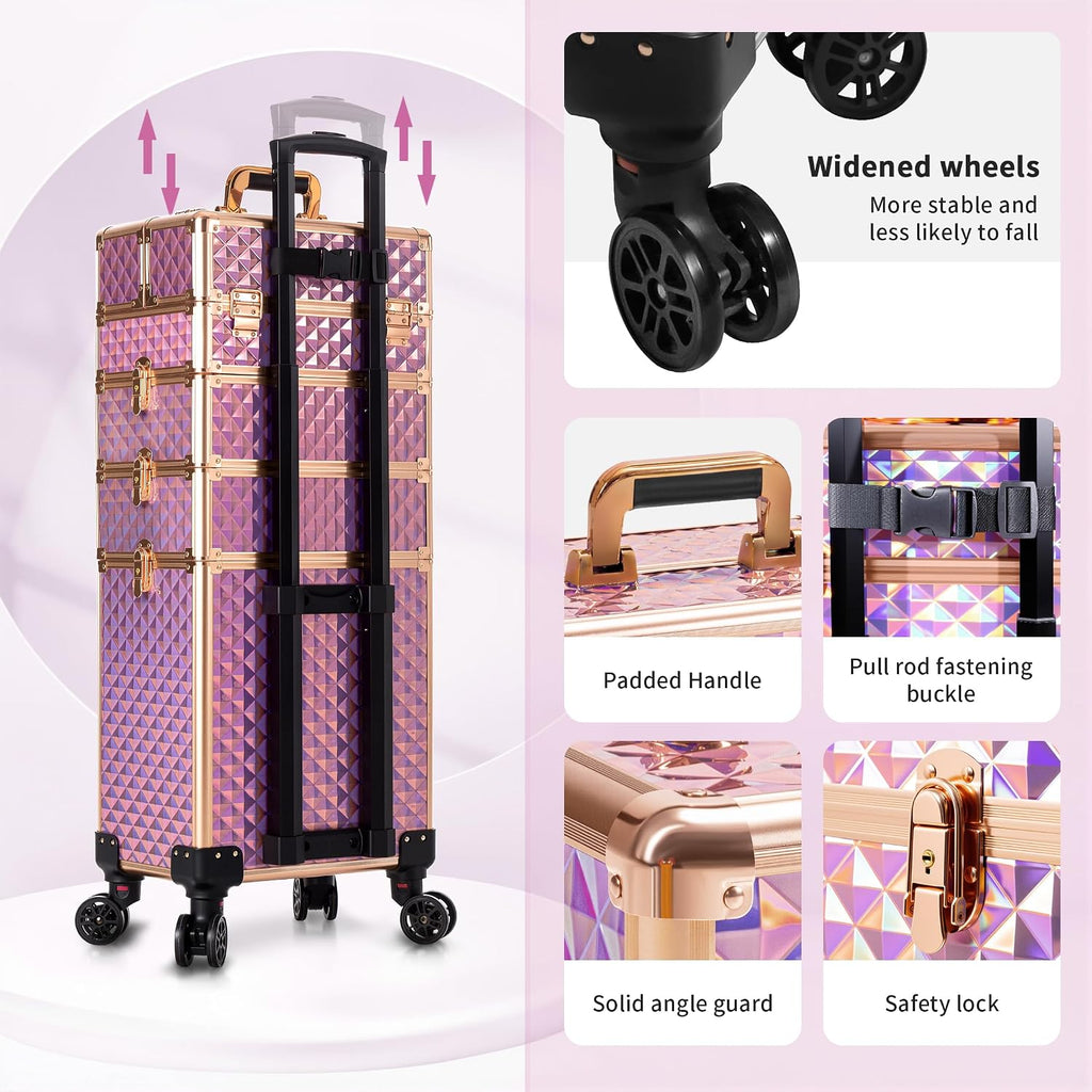 AROUS Rolling Makeup Train Case 4 in 1 Cosmetology Case on Wheels Large Storage Cosmetic Trolley with Key Salon Barber Case Traveling Cart Trunk, Pink