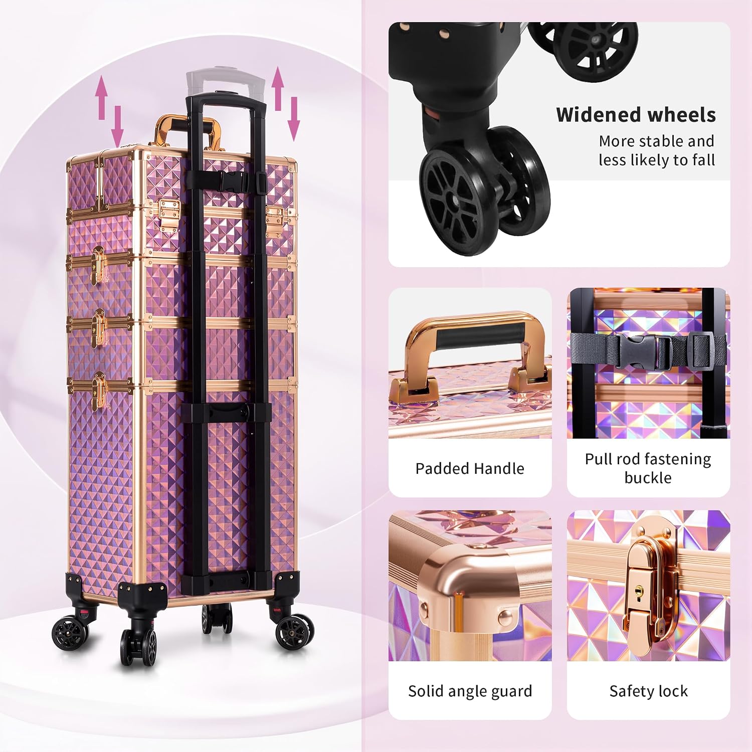 AROUS Rolling Makeup Train Case 4 in 1 Cosmetology Case on Wheels Large Storage Cosmetic Trolley with Key Salon Barber Case Traveling Cart Trunk, Pink