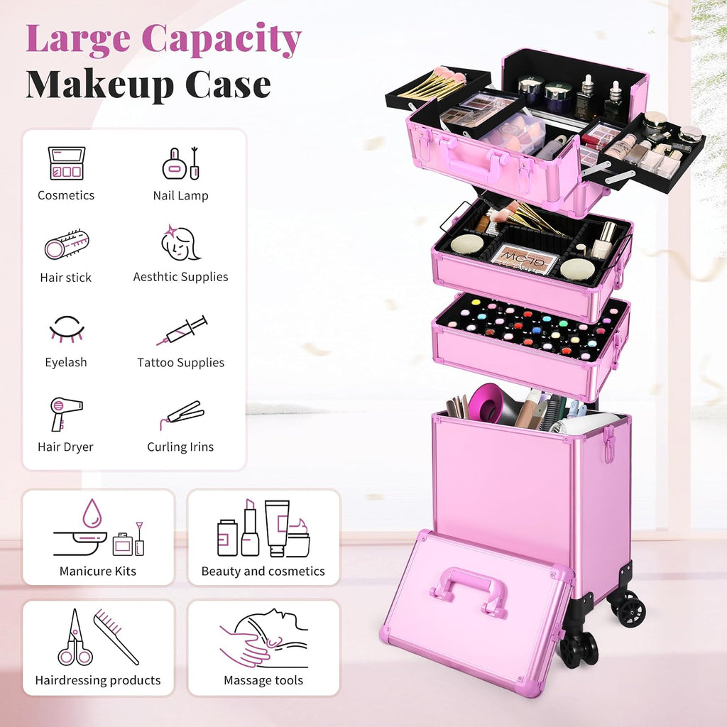 Professional Rolling Makeup Train Case with Lid, 5 in 1 Cosmetology Case on Wheels, Large Cosmetic Trolley Organizer Travel for Hairstylist Artist Nail Beauty Salon Barber, Pink