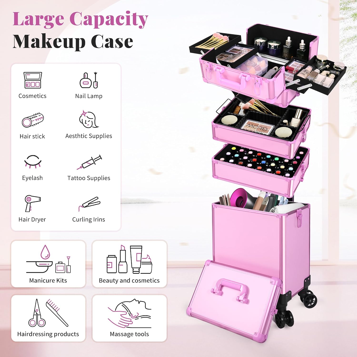 Professional Rolling Makeup Train Case with Lid, 5 in 1 Cosmetology Case on Wheels, Large Cosmetic Trolley Organizer Travel for Hairstylist Artist Nail Beauty Salon Barber, Pink