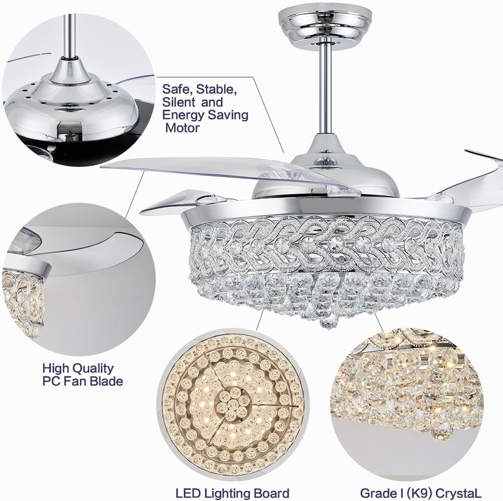DuMaiWay 52' Dimmable Chandelier Ceiling Fan, Fandelier, Modern Crystal Retractable Invisible Blade LED Lighting with Remote Control for Bedroom Dining Room Living Room 6 Speed