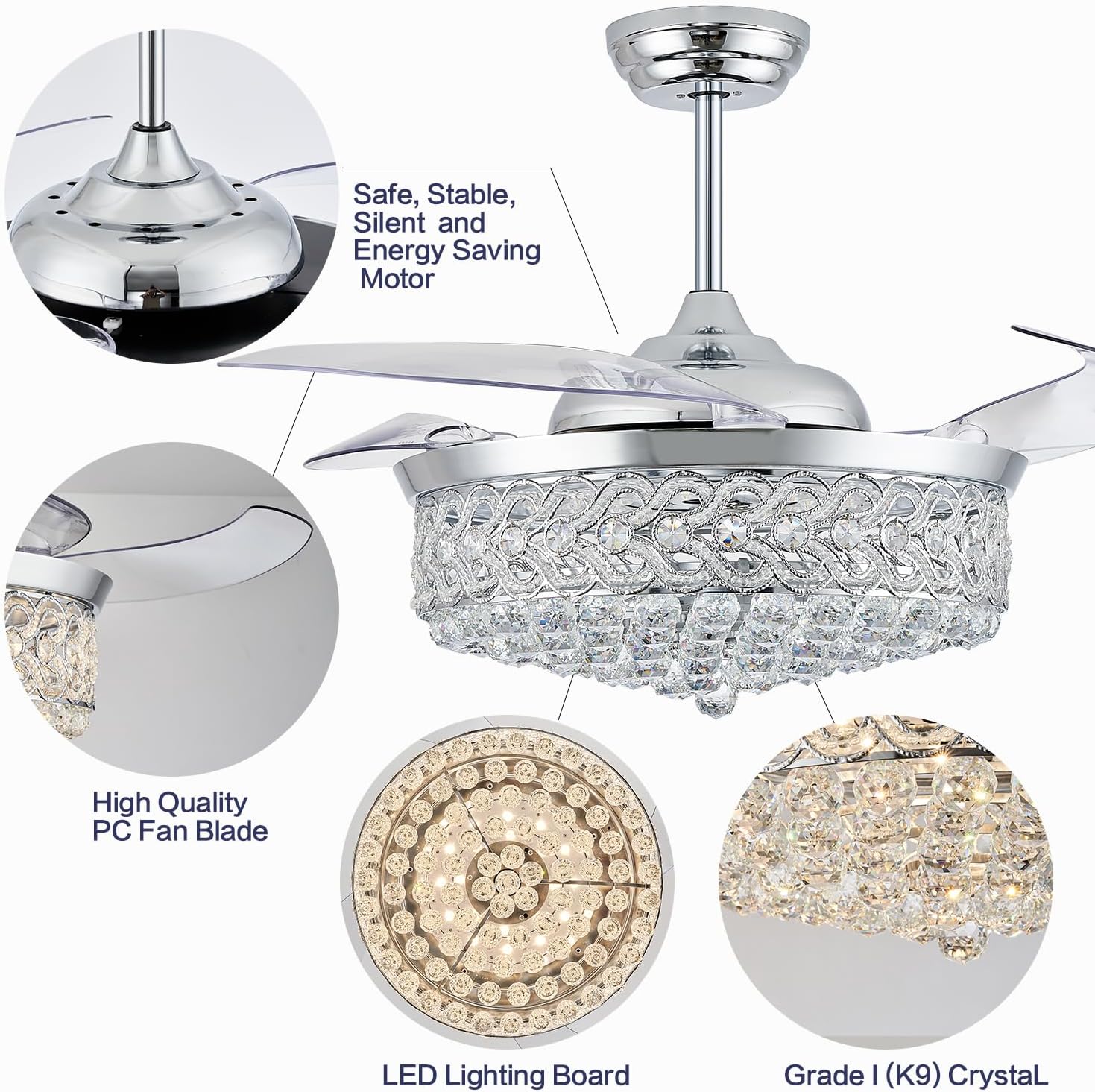DuMaiWay 52' Dimmable Chandelier Ceiling Fan, Fandelier, Modern Crystal Retractable Invisible Blade LED Lighting with Remote Control for Bedroom Dining Room Living Room 6 Speed