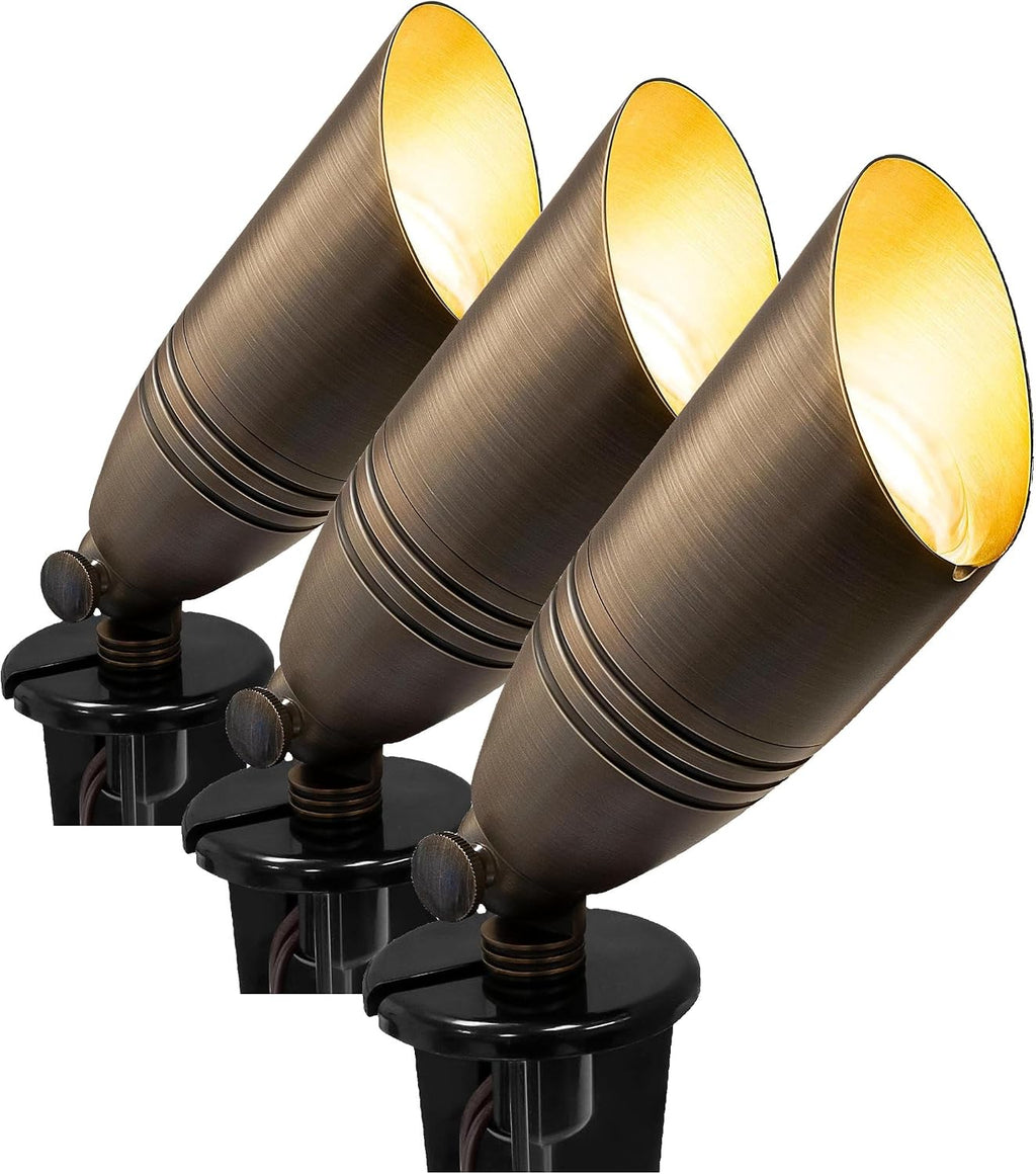 GKOLED UL Listed Solid Brass Landscape Spotlight, Low Voltage Outdoor Directional Uplight, with 5W MR16 LED Bulb & Large Rugged Slot Spike, 12V AC/DC Garden Patio Spot Up Light (Pack of 3)