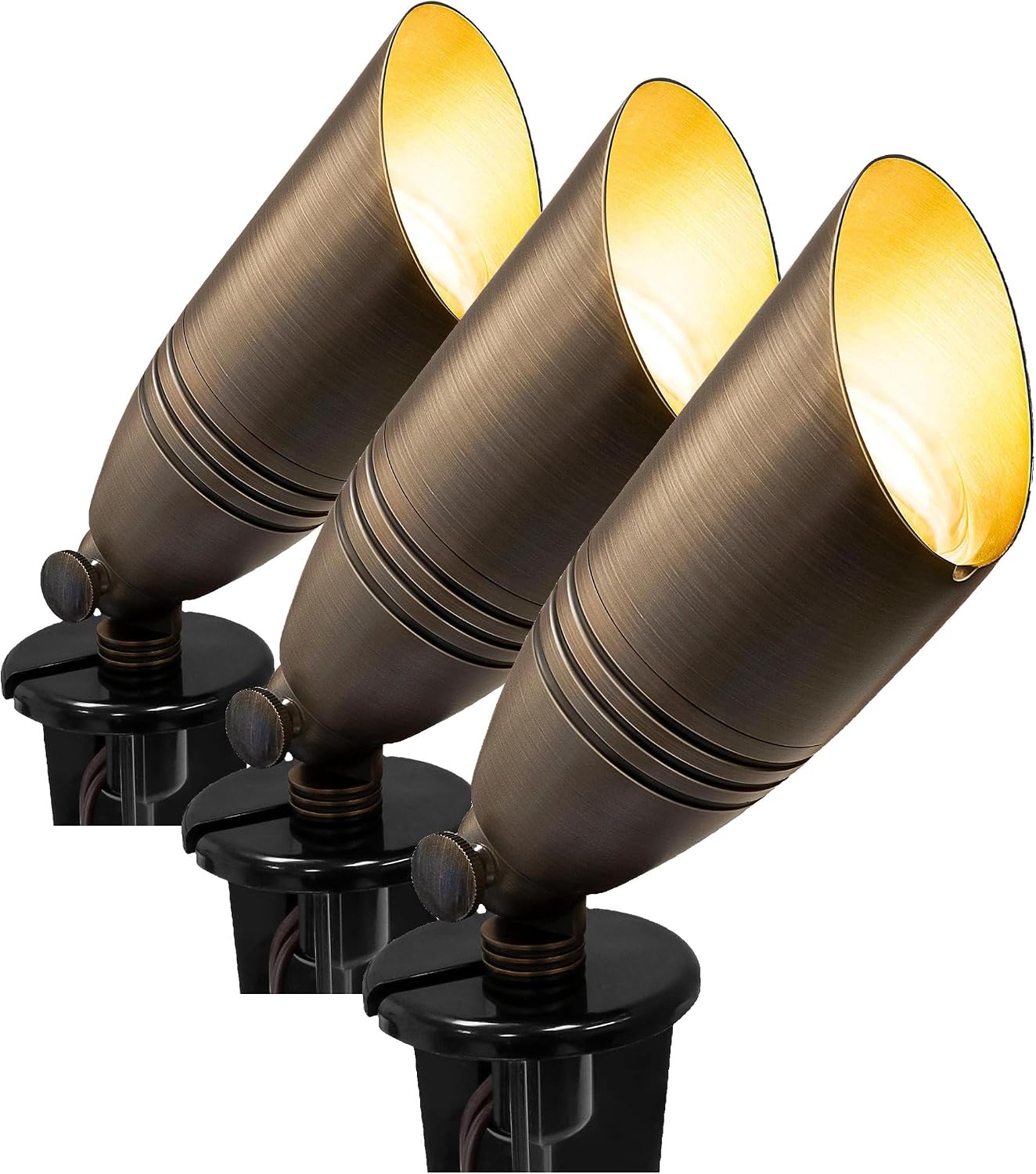 GKOLED UL Listed Solid Brass Landscape Spotlight, Low Voltage Outdoor Directional Uplight, with 5W MR16 LED Bulb & Large Rugged Slot Spike, 12V AC/DC Garden Patio Spot Up Light (Pack of 3)