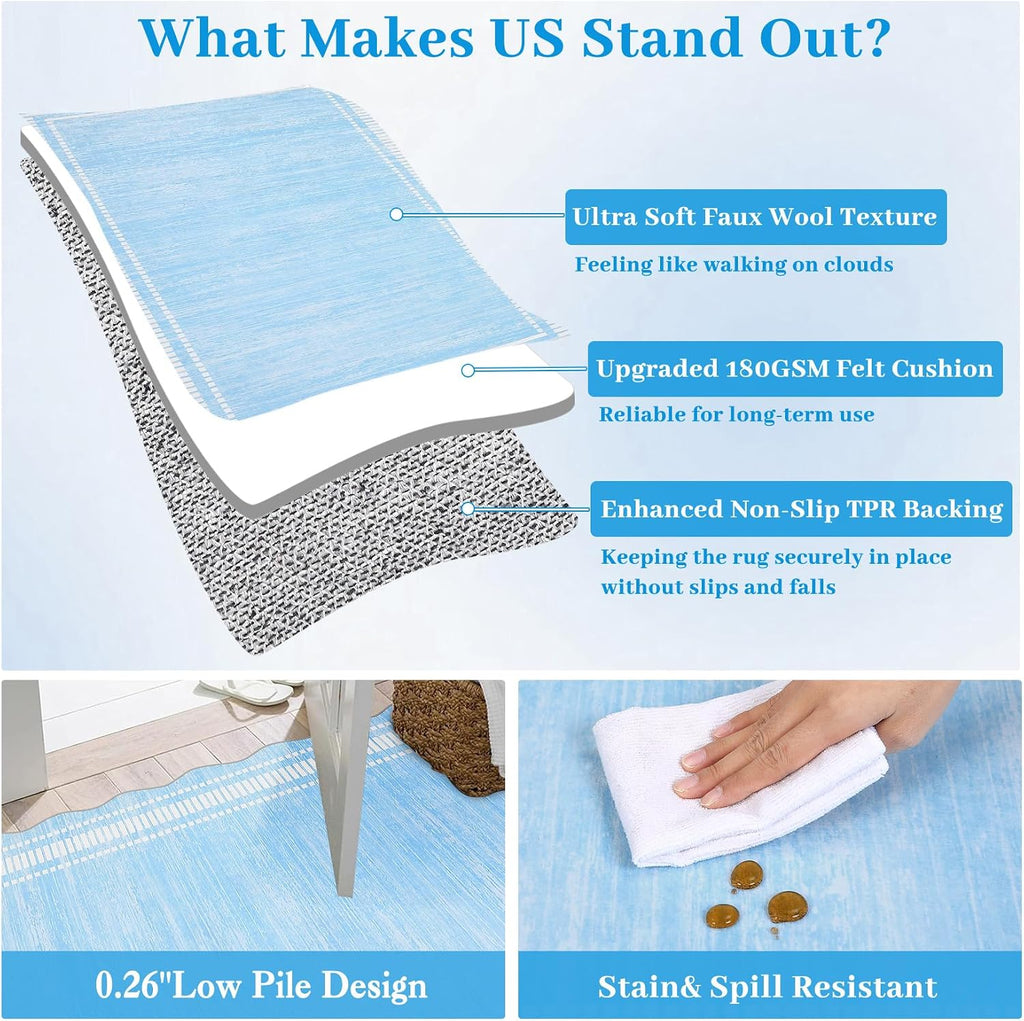 Garvee Modern Scalloped Rug 9x12 Washable Rugs for Living Room, Non-Slip Non-Shedding Faux Wool Soft Carpet, Minimalist Solid Neutral Large Floor Mats for Home Office Decor, Light Blue
