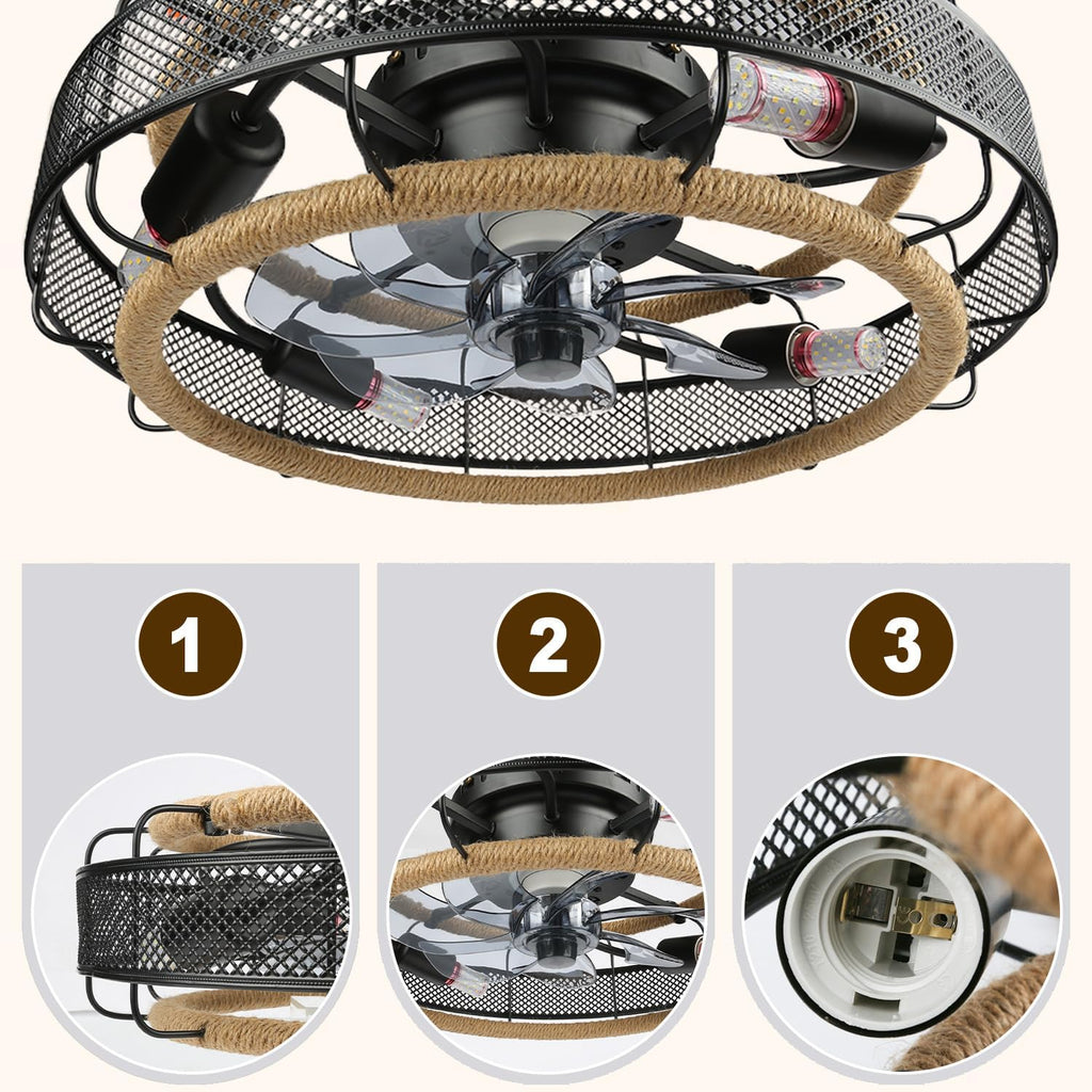 Ceiling Fans with Lights Flush Mount, 20 Inch Caged Low Profile Ceiling Fans with 3 Mode Lighting and Remote Control with E26 Bulbs for Bedroom, Nursery, Garage (Black)