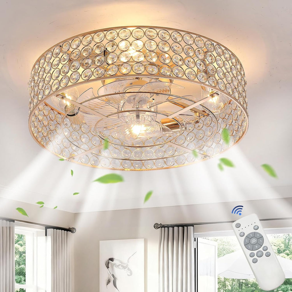 20 Inch Gold Crystal Fandelier Ceiling Fans with Lights, Ceiling Fans with Lights Remote Control, Mid Century French Caged Fandelier with 6 Speeds for Bedroom, Living Room