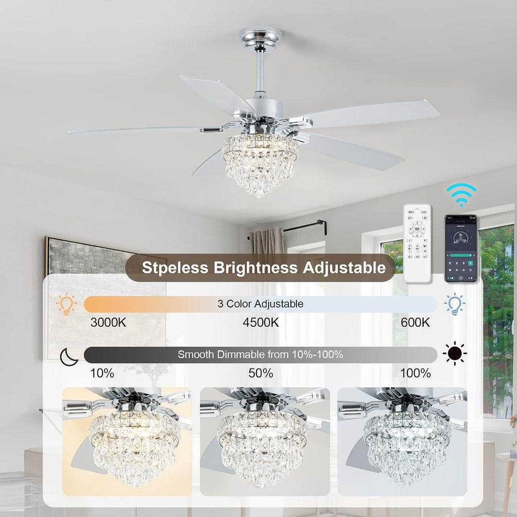 Chandelier Ceiling Fans with Lights and Remote,Chandelier Fan Ceiling,Crystal Ceiling Fan Fandelier with Lights,6 Speed 3 Timer Quiet Ceiling Fan for Bedroom (Chrome, 52 Inch)