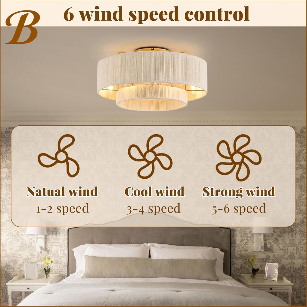 20' Boho Fandelier Ceiling Fan with Light and Remote, Gold Ceiling Fan with White Hand Woven Rattan, Flush Mount Low Profile Fan for Bedroom Living Room Kitchen, Reversible & Quiet